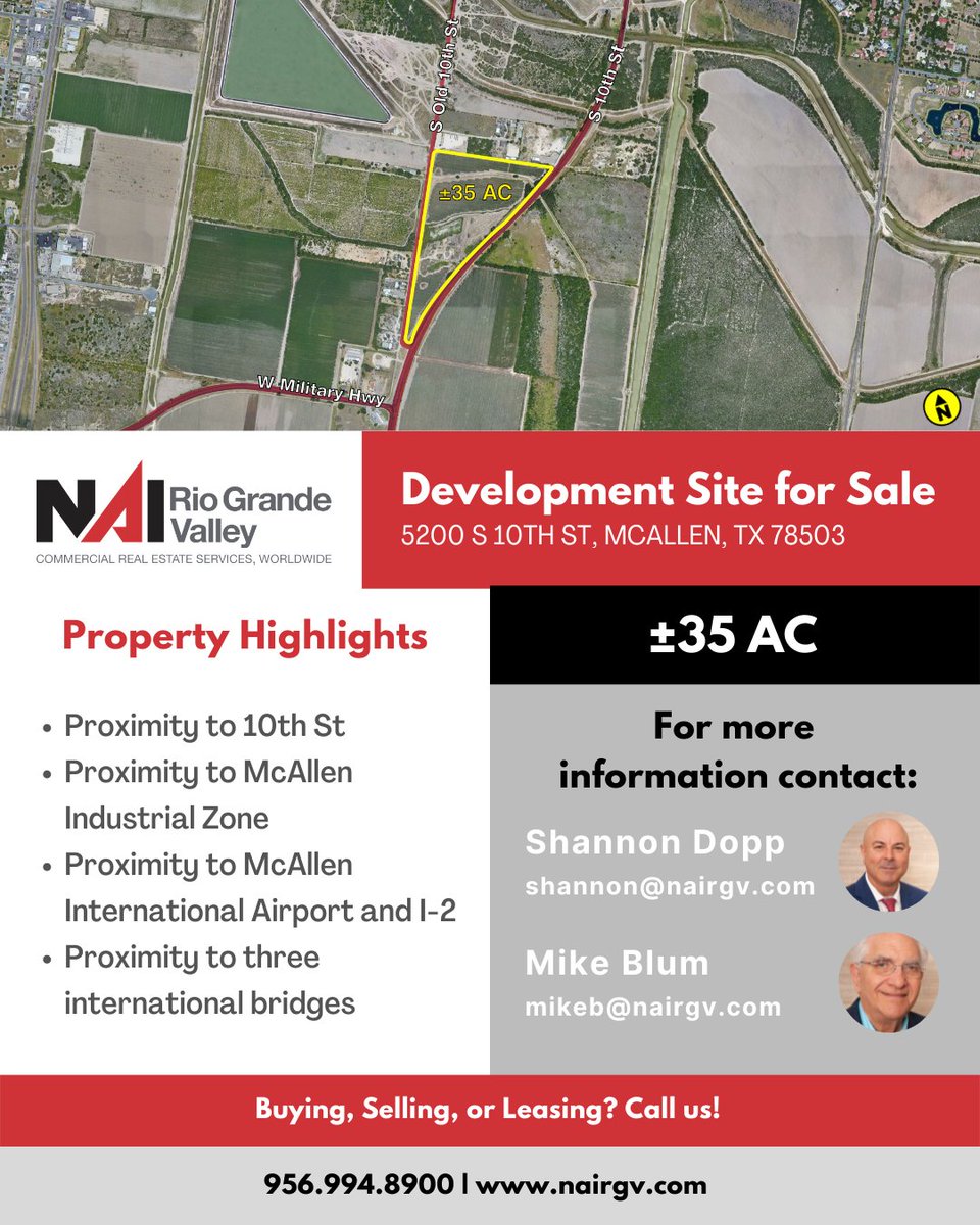 nairgv's tweet photo. DEVELOPMENT SITE FOR SALE | 35.35 AC with over 2,500’ of frontage on 10th St., south of the McAllen International Airport. City water and sanitary sewer are located on the west side of Old 10th St. The site is ideal for multi-tenant industrial users. https://t.co/qURPaoefOb
