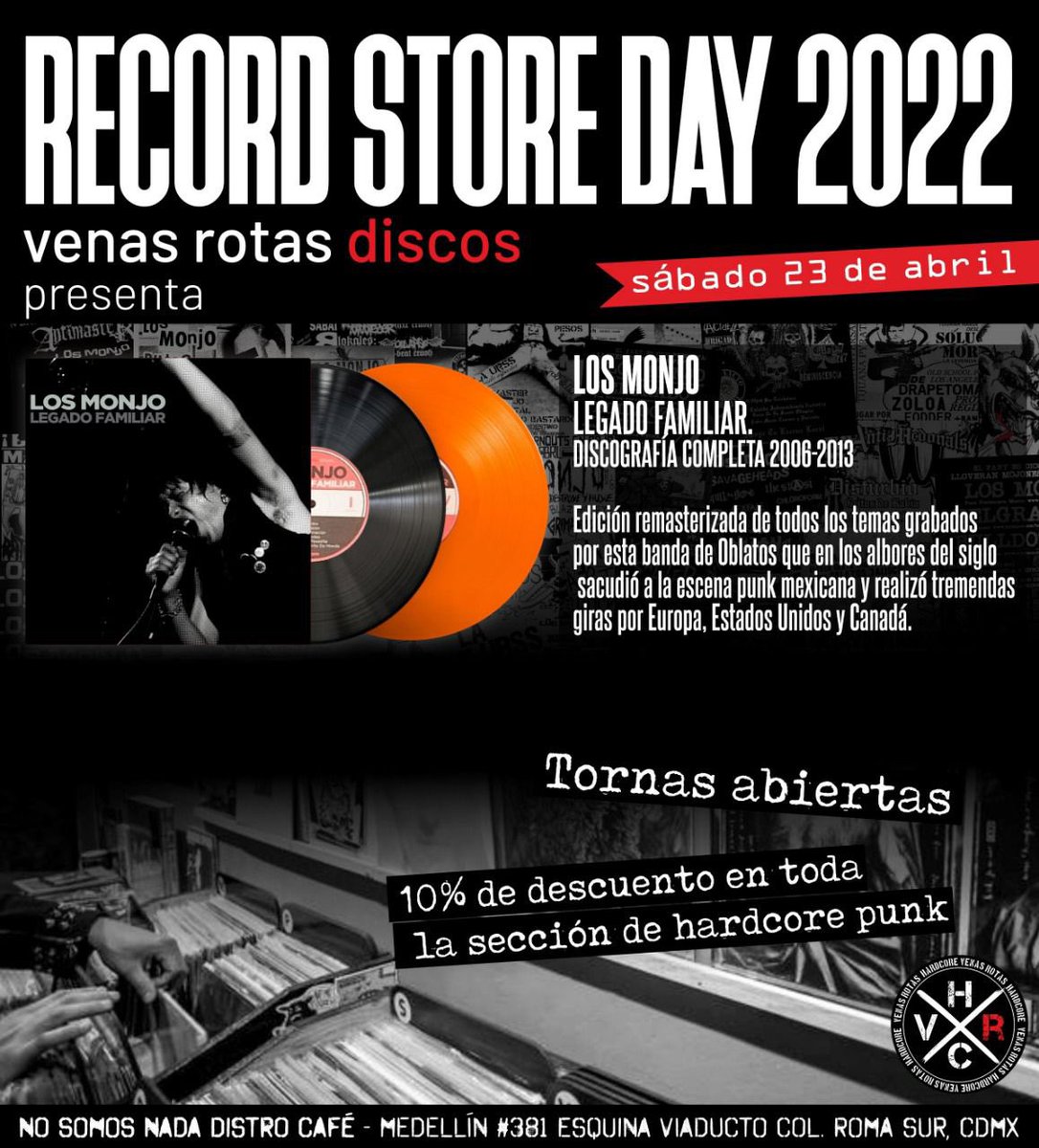 📍 Venas Rotas Discos
No te pierdas el día de mañana descuentos, formas abiertas y la edición remasterizada de la discografía completa de Los Monjo en Venas Rotas Discos 🔥