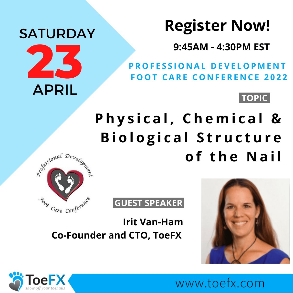 toe_fx's tweet photo. Tomorrow is the day! Register for the Professional Development Foot Care Conference now to see some amazing speakers, including Dr. Irit Van-Ham, Co-Founder and CTO, ToeFX. https://t.co/i8EYUPVYiH
 #ToeFX #Webinar #onychomycosis #chiropodist #podiatrist #FootCareNurse https://t.co/A92p96CTIr
