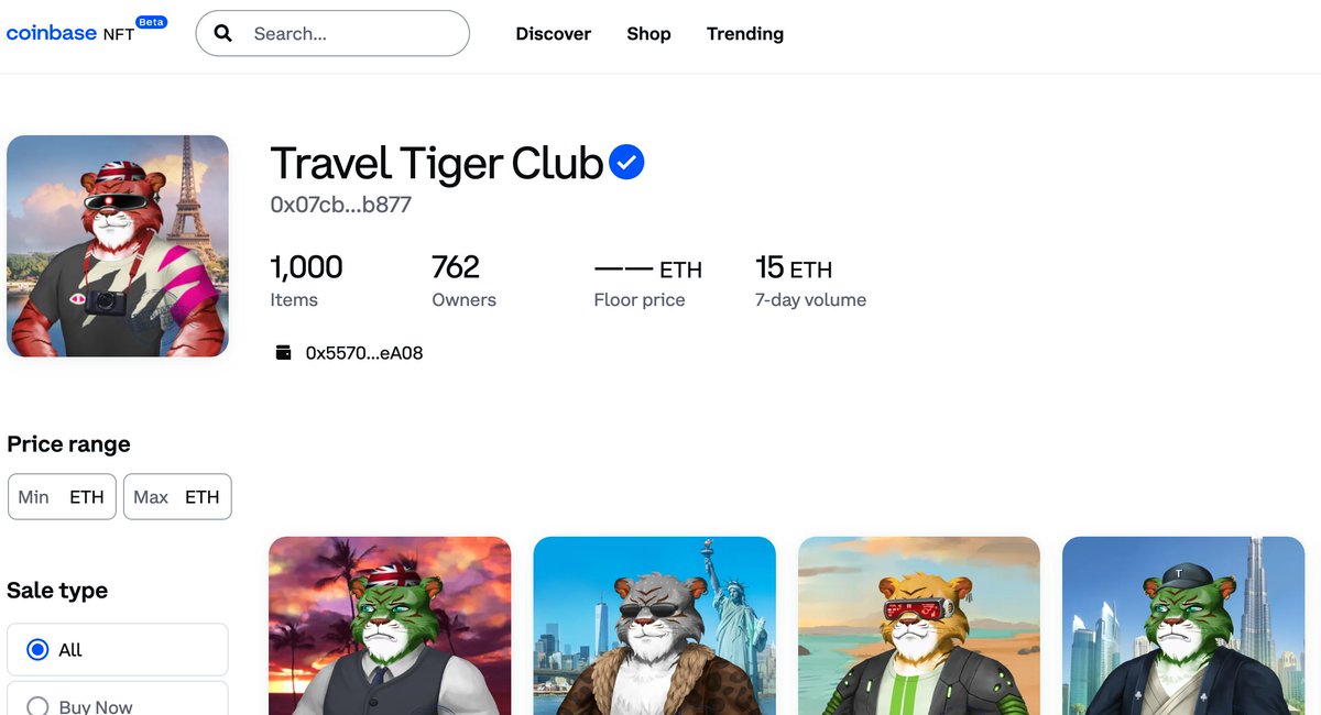 travalacom's tweet photo. The #TravelTigerClub is now on @Coinbase_NFT Beta as a verified collection ☑️🐯

Check it out here👇
https://t.co/HWrnFYHjRr https://t.co/nuFpSzaDV8