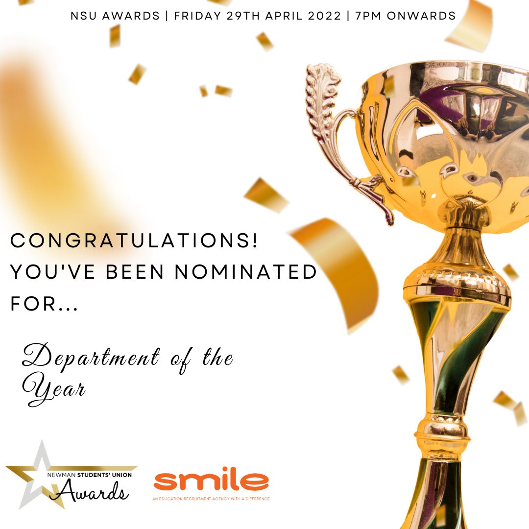 We've been nominated for a <a href="/NewmanSU/">NewmanSU</a> award for department of the year! Thanks to everyone for your votes and for your engagement throughout the year. 

See you all Friday for the awards! 🎉🥳