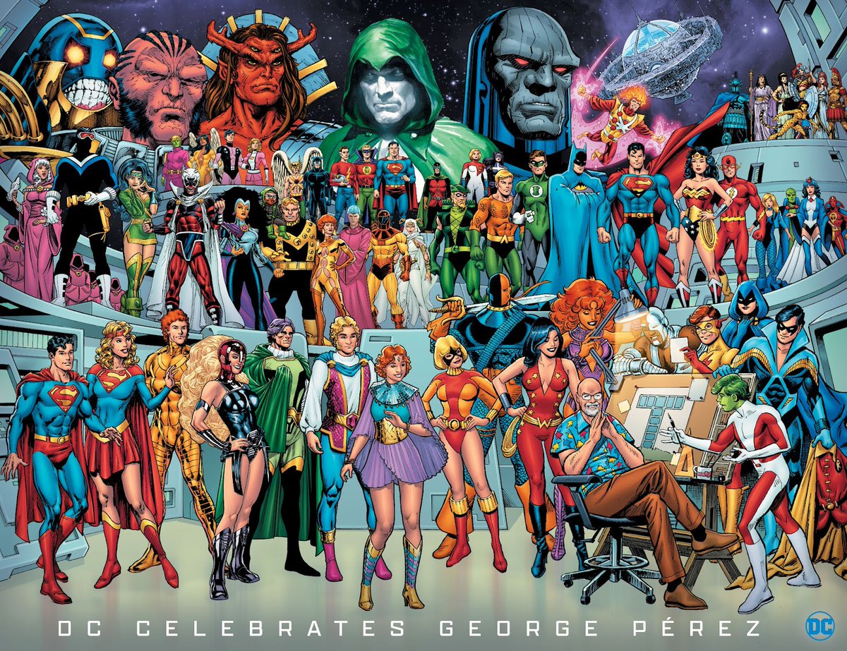 An assembly of notable DC Comics Characters with "celebrating George Perez" underneath them.