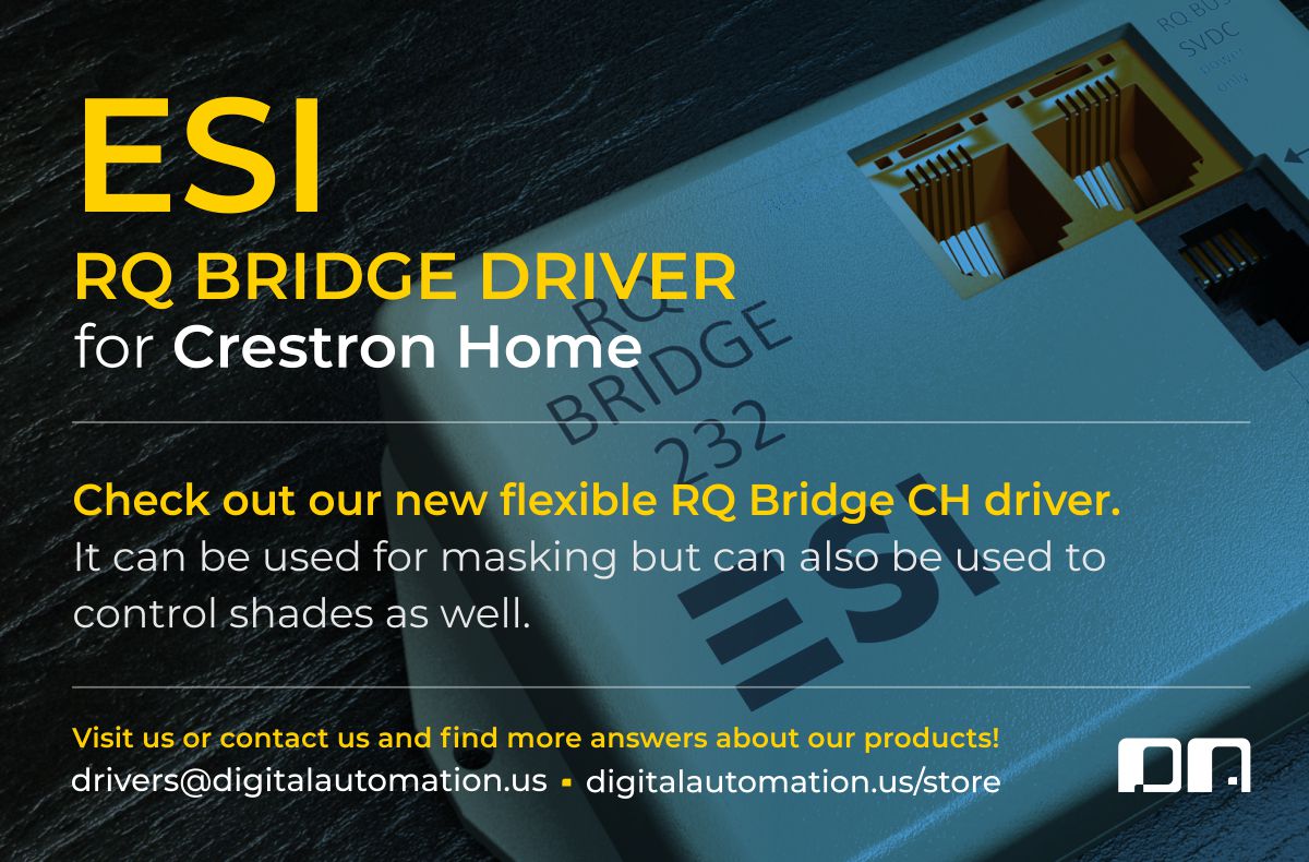 DAutomation's tweet image. Check out our new flexible @HunterDouglas  ESI RQ Bridge @Crestron Home driver!  It can be used for masking but can also be used to control shades as well!  Give it a try!
digitalautomation.us/product/esi-rq…
#crestron #shadescontrol #crestroncontrol #CrestronHome #smarthome #automation