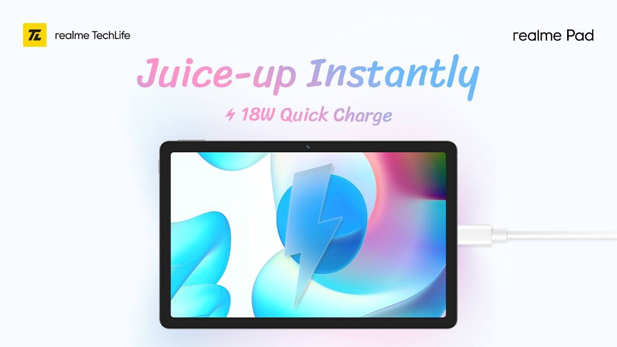 realmenarzoIN's tweet photo. Running out of charge and have no time? The 18W Quick Charge on the #realmePad is here to rescue you!
Fuel-up in a flash for #UltraSlimRealFun times.
Available on https://t.co/n3vAbwuqXx and @Flipkart.
Buy now: https://t.co/Qypgm22s2C https://t.co/L0NguiSVU6