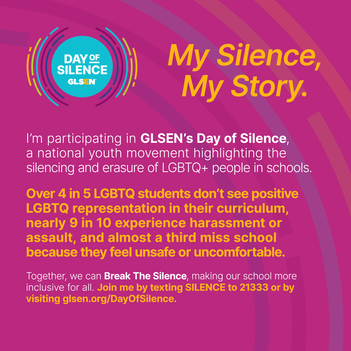 1917Prevention's tweet image. Today, think about how you can break the silence and cycle of harmful attitudes and behaviors that negatively impact the LGBTQ+ community. Check out glsen.org for more information on Day of Silence and how you can be a part of the solution.