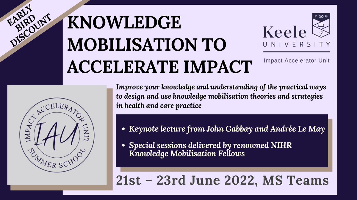 We are hosting a Knowledge Mobilisation Summer School on June 21-23rd, featuring nationally and internationally renowned speakers.

Book now for our 'Early Bird' Prices starting at just £300 - 

estore.keele.ac.uk/conferences-an…
