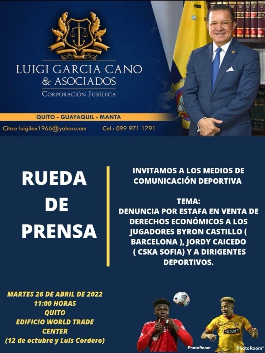 CorJurLFGC's tweet photo. Invitamos cordialmente a los medios de comunicación deportiva. Denuncia contra futbolistas y dirigentes deportivos, por #Estafa . Martes 26. 11 horas.@LaRedEcuador @LaRadioRedonda @RedondaTv @CanalRTU @teleamazonasec @EcuavisaInforma @tctelevision @pdiaztv @pamozaec https://t.co/y7bTI8dMYm