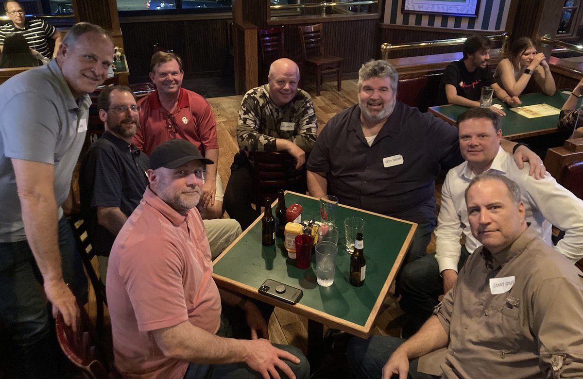 WallisMarsh's tweet photo. OU Spring Festivities have begun. From left- Evan Gatewood, Eric Bross, Greg Dixon, Mike Mantle, Greg Johnson, Todd Donnan, Sonny Brown. Evan and Greg are Lawyers so we were in good hands #CampusCorner #OConnells @tdonnan @dtsonnyb https://t.co/ZQeopabFfs