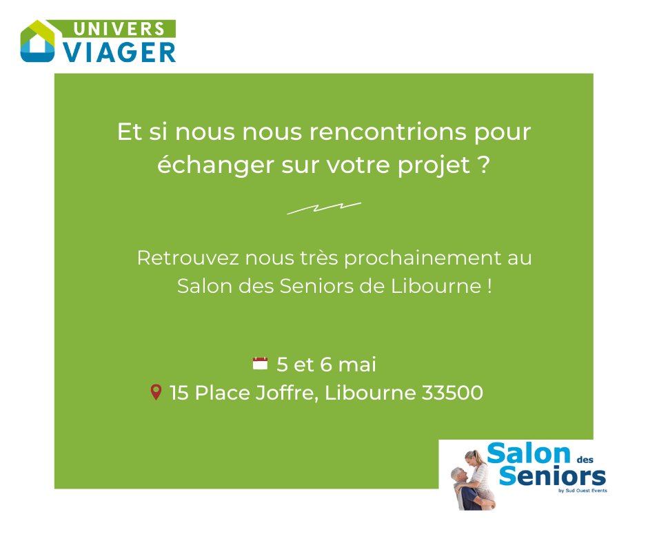 universviager's tweet photo. 📅 Salon des Seniors de Libourne !

Nous seront présents au Salon des Seniors de Libourne le 5 et 6 mai ! Venez nous rencontrer et échanger sur vos projets ! 

#viager #bordeaux #salon #évenement #seniors #immobilier #vente https://t.co/07QIX9JOvg