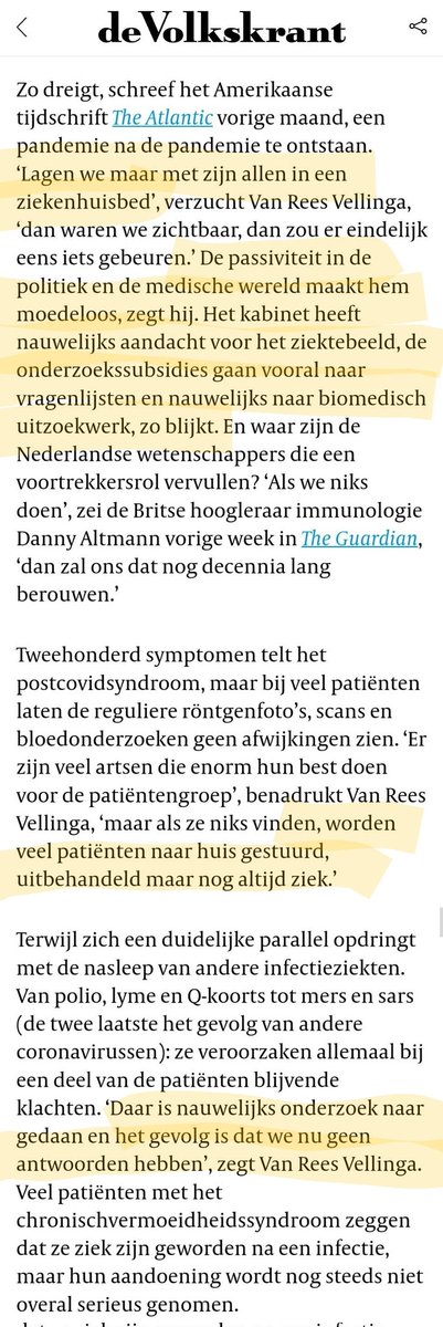 riendebock's tweet photo. Goed artikel in de Volkskrant over #LongCovid met rake quotes van zieke artsen over de onacceptabele passiviteit van de politiek en het medisch-wetenschappelijke veld. De 100.000en patiënten zitten te wachten, maar @ministerVWS  en de coalitiepartijen houden vooruitgang tegen. https://t.co/7Lfzw87fEg