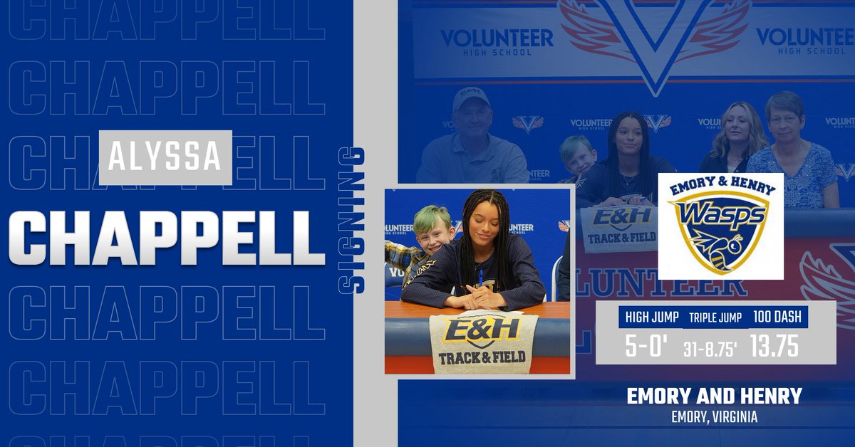 VHS_Falcons's tweet image. Huge Congratulations to Alyssa Chappell for signing with Emory and Henry to continue her Track and Field endeavour. She is also a strong member of Volunteer&apos;s 4x100 relay, and helped the school&apos;s soccer team win their home first playoff game!