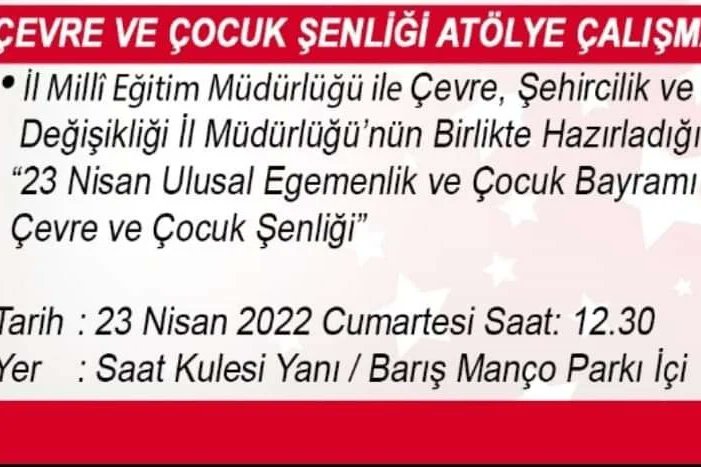 erzincancevre's tweet photo. 23 Nisan Ulusal Eğemenlik ve Çocuk Bayramı Çevre ve Çocuk Şenliğine 
Tüm halkımız davetlidir. 
Tarih : 23 Nisan Cumartesi 
Saat. :12:30 
Yer.    : Saat Kulesi/Barış Manço Parkı https://t.co/noKdZbCAsG