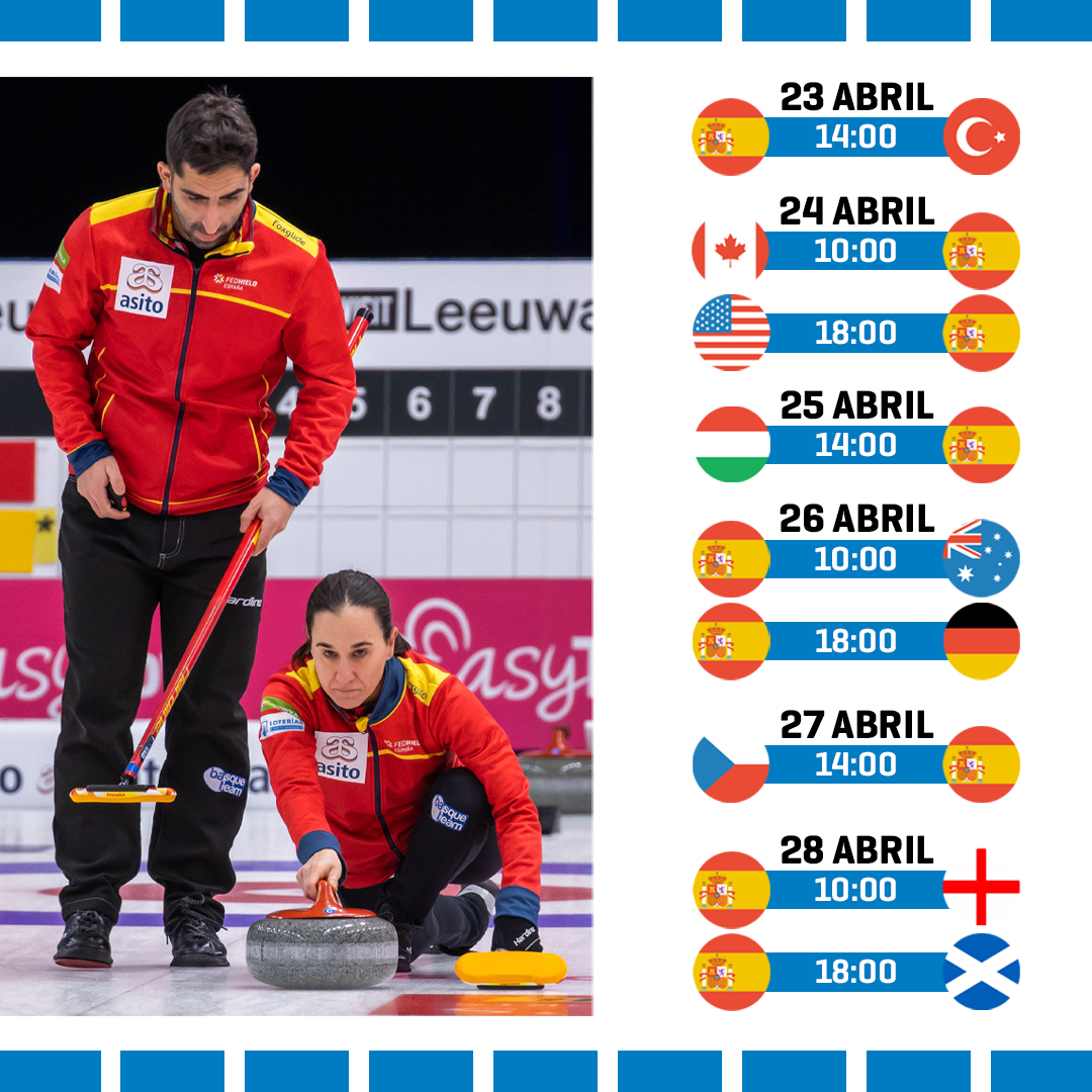 Mañana arranca el Campeonato del Mundo de Dobles Mixtos 🥌 #WMDCC2022

🆚 Os dejamos el calendario al que se enfrentarán <a href="/O_Otaegi/">Oihane Otaegi</a> &amp; <a href="/MikeluraSS/">Mikel Unanue</a> en el Grupo B 

👉🏻 Toda la información en worldcurling.org/events/wmdcc20…

¡Mucha suerte! 💪🏻

📸 <a href="/worldcurling/">World Curling</a> - Steve Seixeiro

#curlingESP