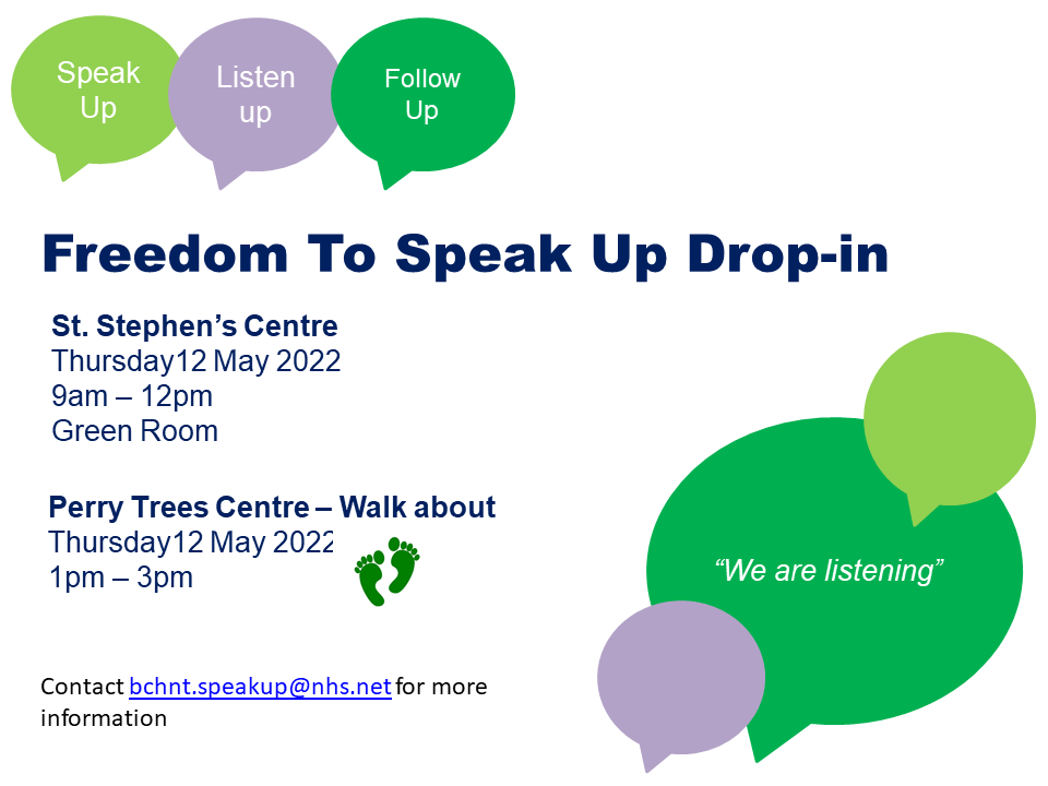 BCHC Freedom to Speak Up Guardian (@speakupbchc) on Twitter photo I'll be in St. Stephens Centre next Thursday morning and then across at Perry Trees. You can arrange an appointment by emailing me at bhcnt.speakup@nhs.uk or drop-in for a chat. Looking forward to seeing you then.<a href="/AdultBchc/">AdultCommunityServicesBCHC</a> <a href="/RupinderChal/">Rupinder chal</a> <a href="/LizaWalsh17/">Liza Walsh</a> I'll be in St. Stephens Centre next Thursday morning and then across at Perry Trees. You can arrange an appointment by emailing me at bhcnt.speakup@nhs.uk or drop-in for a chat. Looking forward to seeing you then.<a href="/AdultBchc/">AdultCommunityServicesBCHC</a> <a href="/RupinderChal/">Rupinder chal</a> <a href="/LizaWalsh17/">Liza Walsh</a>