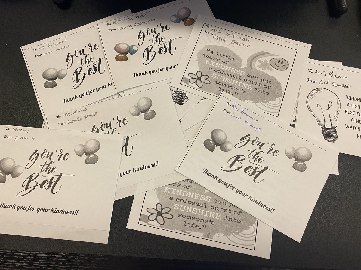BeiermanChem's tweet photo. Want to know one tiny gesture that makes someone’s day? Thank-you cards. These made my day and I may have cried at the kind words. Thank you to all my students that were kind enough to think of me! #bekindweek @WSDLibertyHS https://t.co/ifZFtNxzgV