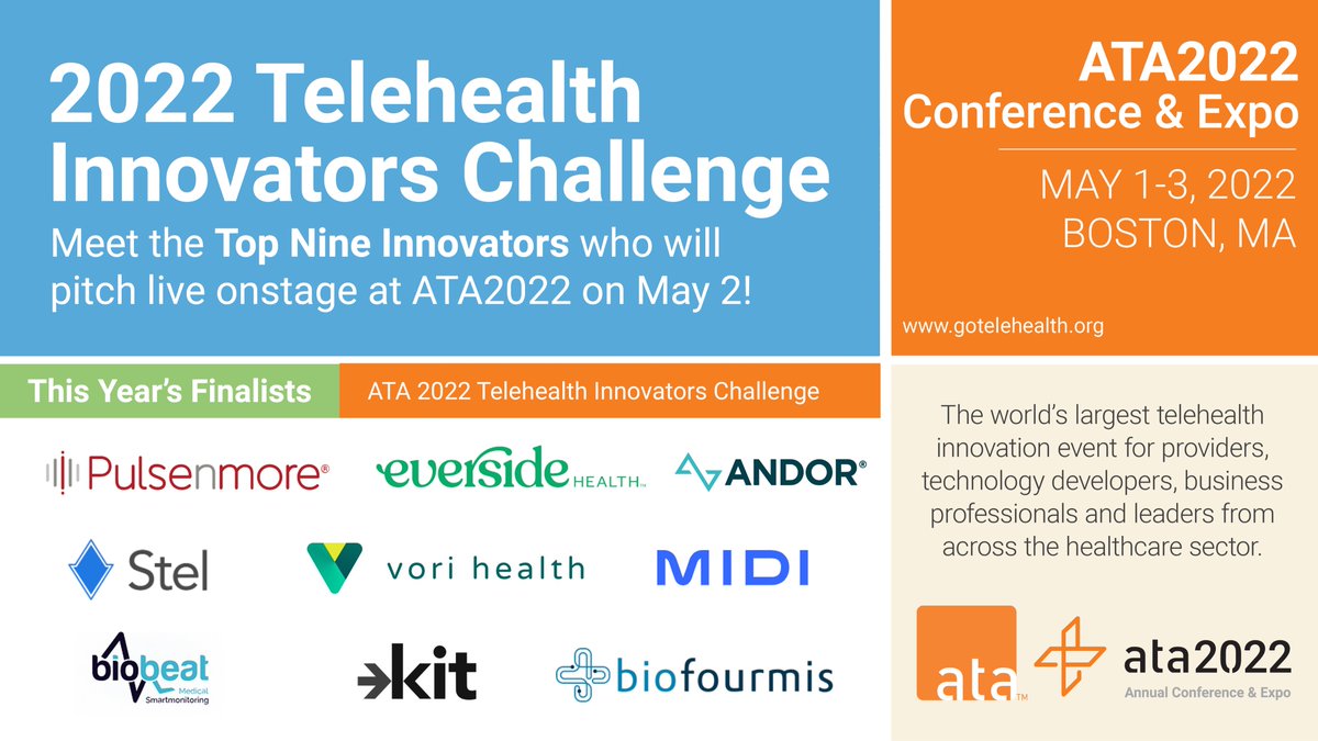 AmericanTelemed's tweet photo. Join us in congratulating the nine finalists who will be presenting live at the ATA Telehealth Innovators Challenge taking place during #ATA2022! Learn more about these virtual care visionaries and their solutions: https://t.co/7E8ji6twm7 #GoTelehealth https://t.co/oo9pRHtC8v