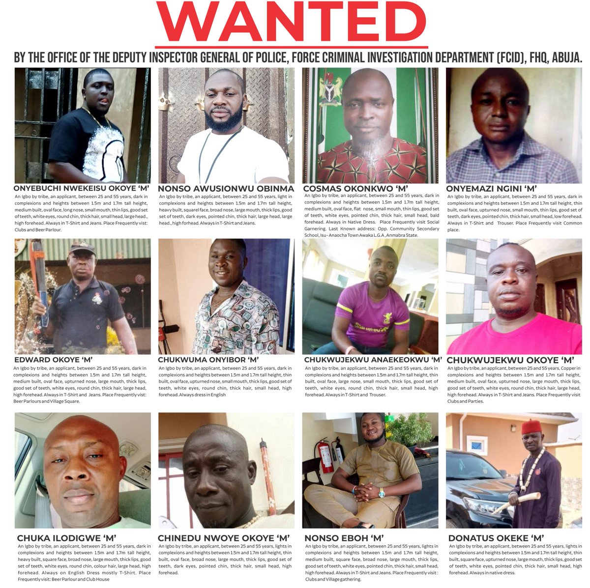 SaharaReporters's tweet photo. BREAKING: Nigerian Police Declare 12 Persons Wanted In Anambra For Killings, Terrorism | Sahara Reporters https://t.co/vYPr9ZR23d https://t.co/ZE2OhNLHUS