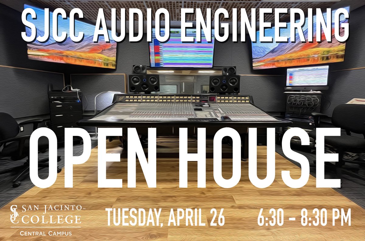 SJCCMusic's tweet photo. Our Audio Engineering program is hosting an OPEN HOUSE next Tuesday, April 26 from 6:30 - 8:30 PM!  Come check out our new recording studios and live sound facilities, network and meet &amp; greet!  Davison Building, C15.111, Central Campus @sjc_recruiting @SanJacCollege @SanJacAEO https://t.co/41lAlkASrA