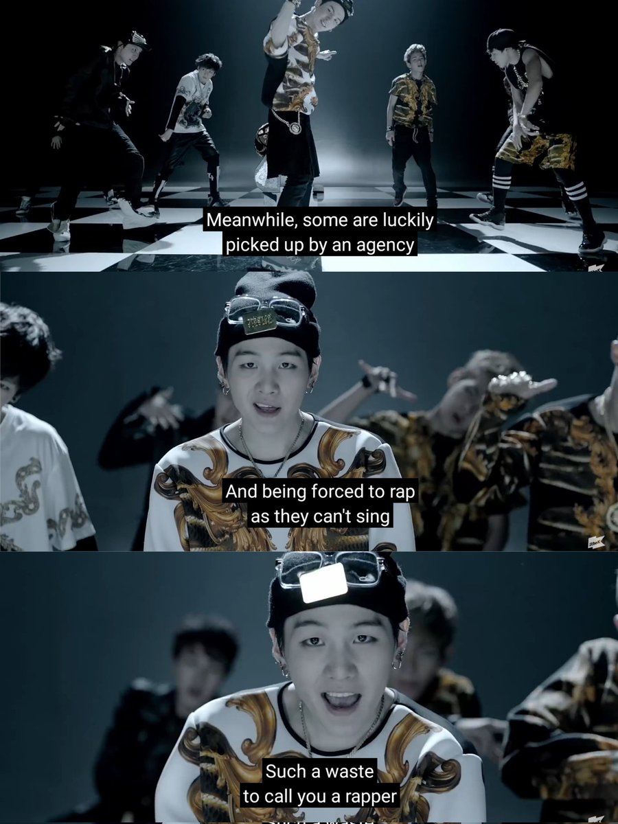 wangteaco's tweet photo. "Meanwhile, some are luckily picked up by an agency. And being forced to rap as they can't sing. Such a waste to call you a rapper." ㅡ 130716, Min Yoongi In 'We are Bulletproof pt.2' https://t.co/cHn10Kh9Oa