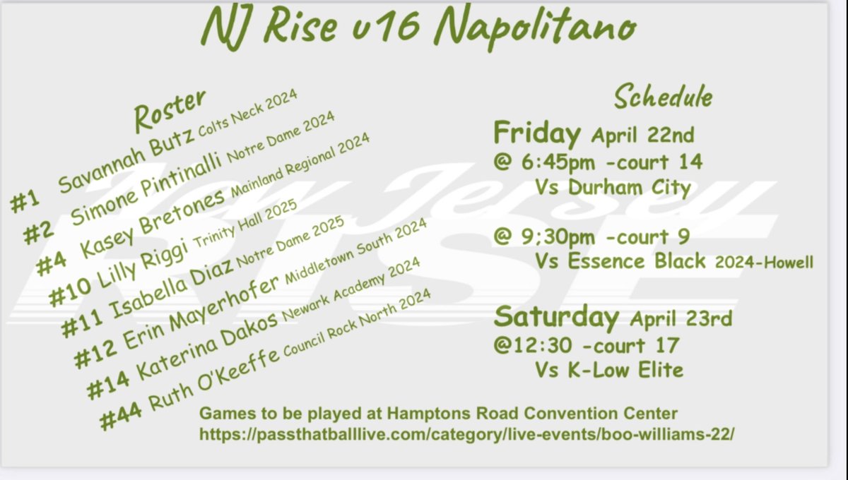 NJRiseAliNap's tweet photo. Where to catch NJ Rise Napolitano over the weekend at Boo Williams!  ⬇️⬇️⬇️ @newjerseyrise @CoachAliNap @TinyGreenNBS @nlowe11 @NJLadiesHoops @NoBoyzAllowedBB @BooWilliamsAAU https://t.co/Ws59YzTgW8