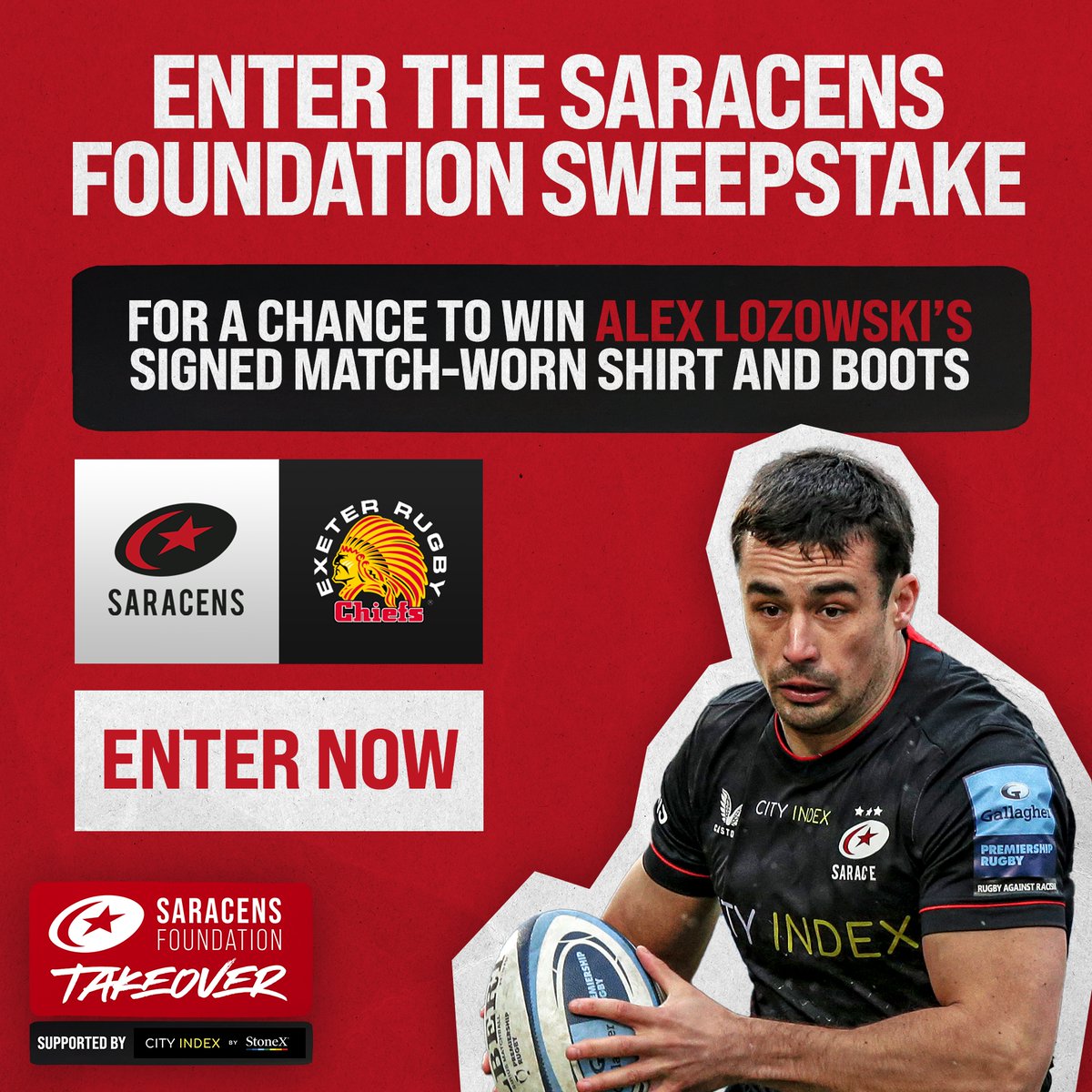 Saracens's tweet photo. Want to win a signed shirt and boots from @alexlozowski10 ⁉️

Enter the sweepstake for the #FoundationTakeover here 👇

🖱 https://t.co/EpoiHb0wK6

#StrongerTogether ⚫️🔴 https://t.co/g2vFzeqogF