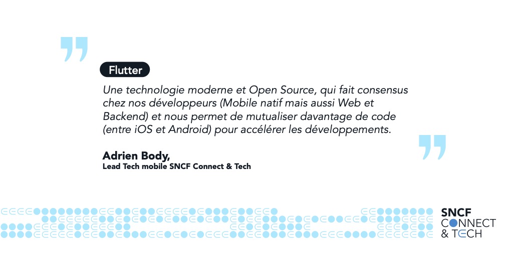 SNCFConnectTech's tweet photo. La technologie @FlutterDev, késaco ? #DevoxxFR
✅Permet de développer une appli à partir d'une seule #codebase. 
✅Framework en déclarative #UI qui double la vélocité de développement. https://t.co/HkZRIniXc8