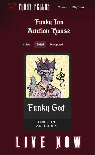 First Legendary Auction -FunkyGod- is LIVE.

Duration: 24 Hours.

Reserve Price: 25 $FUNK
Tick Size: 5 $FUNK

Auctions will be on this site:
auctionhouse.funkyfellas.art