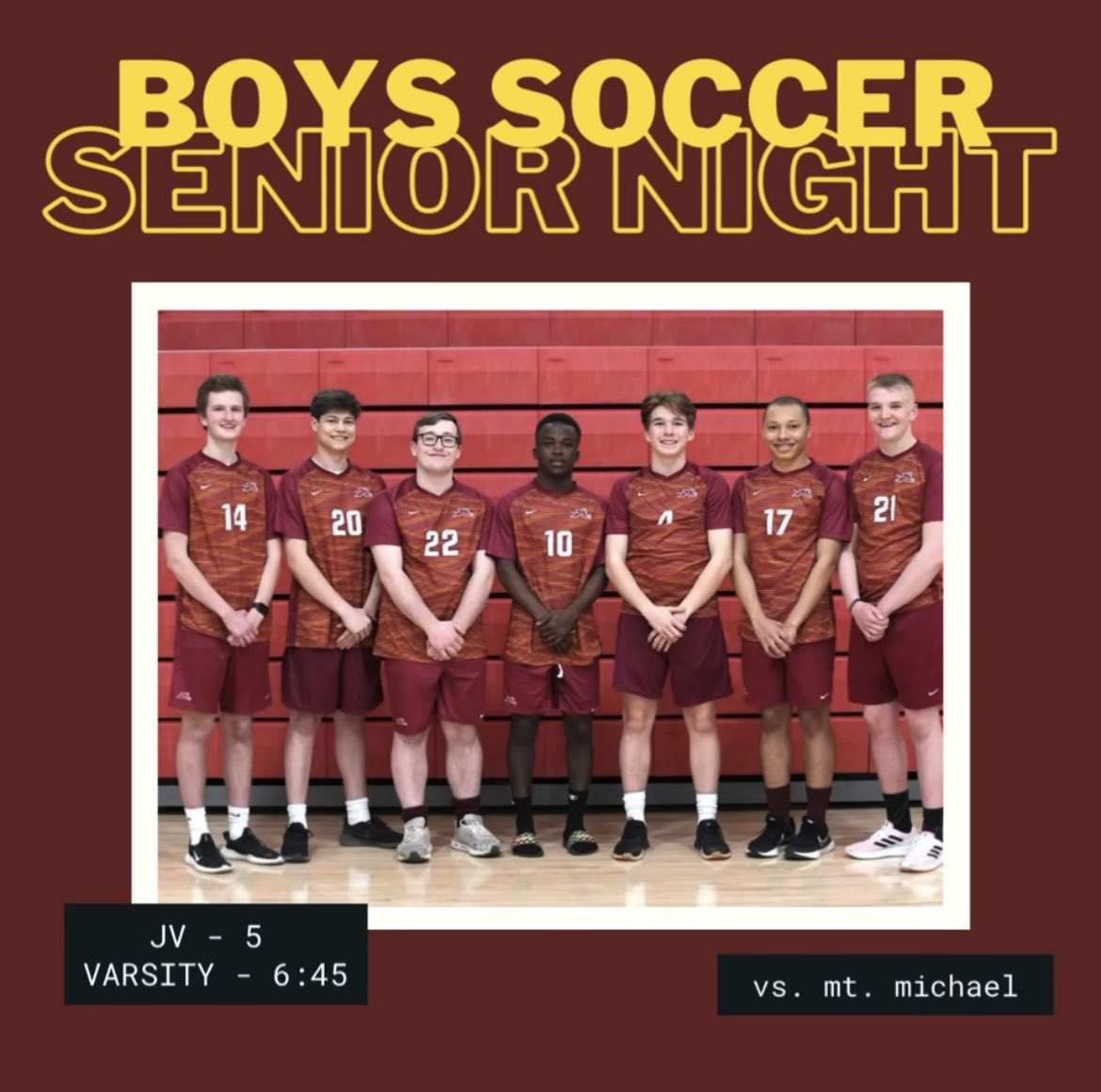 🚨Game-day🚨

🏟⚽️Boys Soccer⚽️🏟
📆 Friday, April 22
⏰ 6:45pm
🆚 Mount Michael
📍The Den 🦁

Come out and support the boys on their senior night as they face the kights of mount michael‼️ BE THERE and BE LOUD‼️