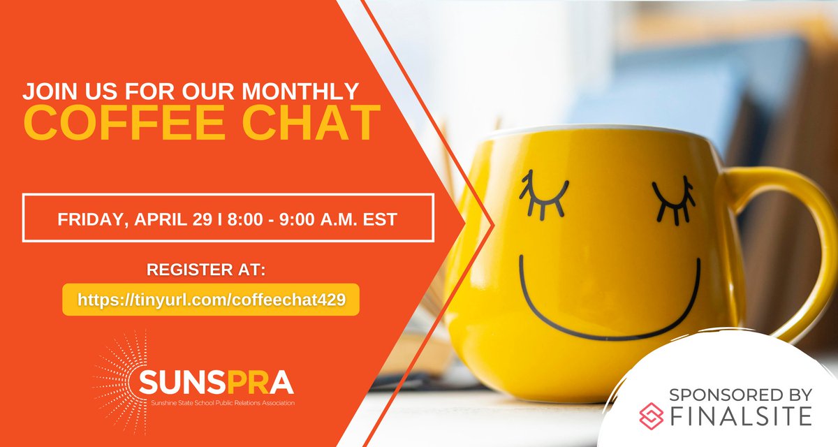 We're just one week away from our next #SUNSPRA Coffee Chat, sponsored by our friends at <a href="/Finalsite/">Finalsite</a>, and you won't want to miss it! Register now at tinyurl.com/coffeechat429