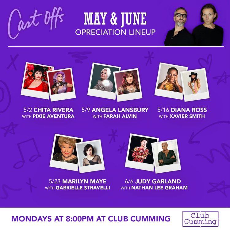 benrimalower's tweet photo. I’m so excited for the new lineup of Cast Offs stars! @pixieaventura #farahalvin #xaviersmith @gstravelli @nathanleegraham @danielnolen @ClubCumming @Chita_Rivera #angelalansbury @DianaRoss #marilynmaye #judygarland @Alancumming https://t.co/pBbQDCpvCc