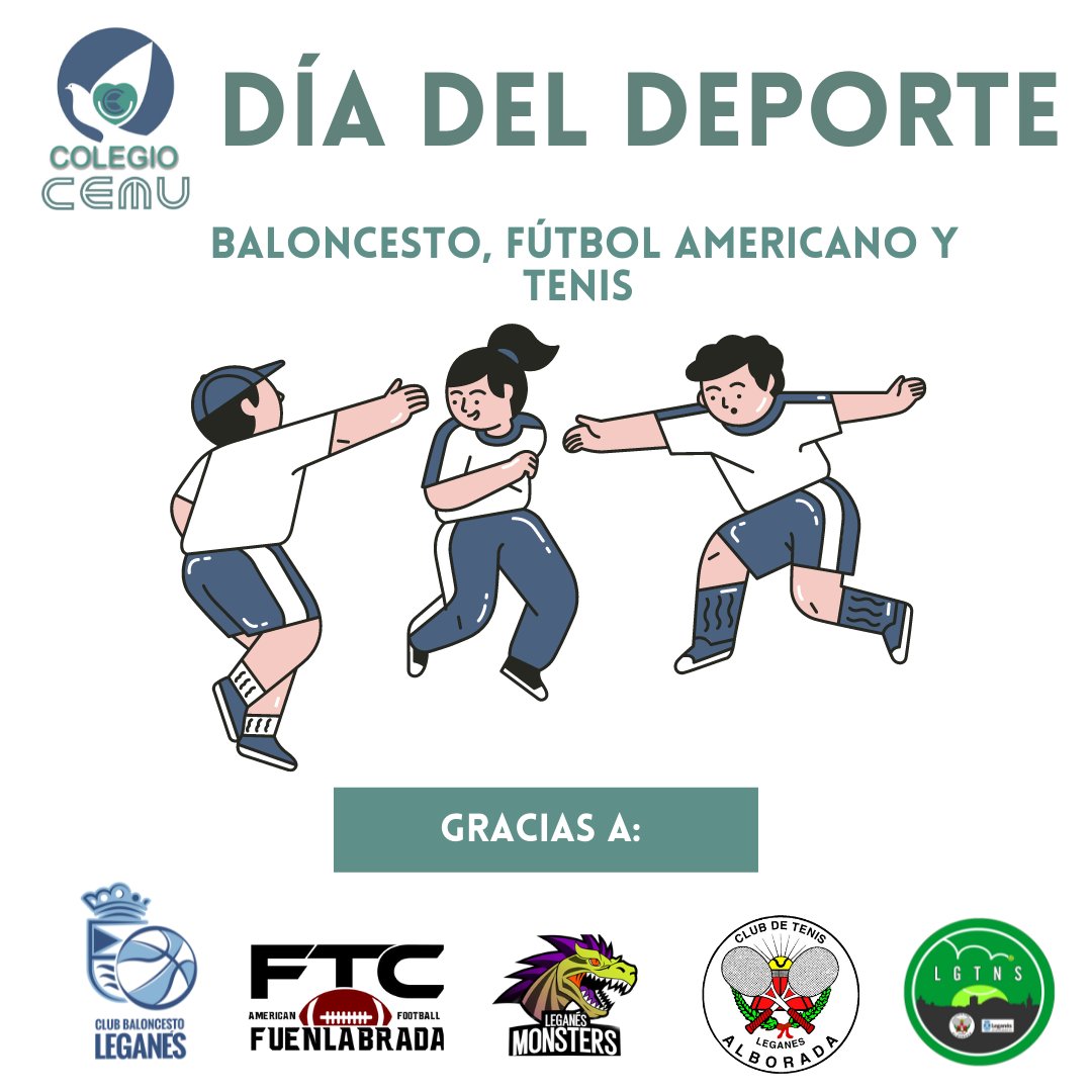 El próximo viernes, 29 de abril, celebraremos el Día del Deporte en nuestro colegio CEMU 🏀🎾🏈.

Contamos con la colaboración de <a href="/basketleganes/">Baloncesto Leganés</a>, <a href="/ctalborada/">Club Tenis Alborada</a>, <a href="/torosamfootball/">Fuenlabrada Toros</a> y @leganes_monsters. Nos visitarán entrenadores, jugadoras y jugadores voluntarios de los equipos.