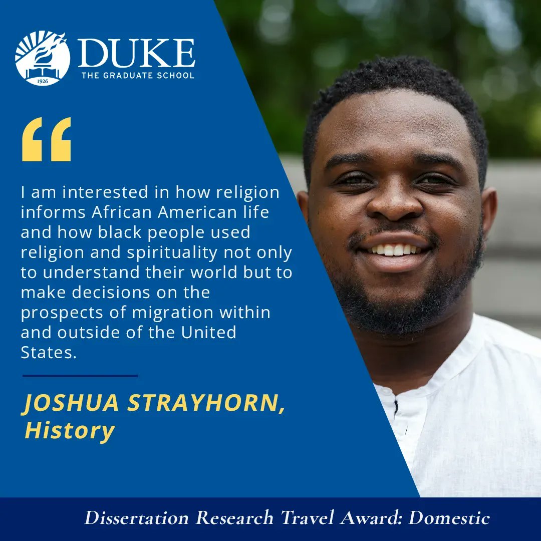 Our final fellowship spotlight of the academic year features <a href="/jstray_hist/">Joshua R. Strayhorn, Ph.D.</a>, a <a href="/DukeHistoryDept/">Duke History</a> PhD student studying African American migration and religion in the South following the Civil War. More on his work: bit.ly/3EDB3Dr