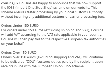 Cousins_UK's tweet photo. IOSS Scheme 
For orders under 150 Euros, Cousins will Collect, declare and pay the VAT to the tax authorities on your behalf. This make things easier for you and avoids any surprise fees when goods are delivered. 
See more info attached 

#IOSS #Europedelivery https://t.co/Q5Q1GIWN90