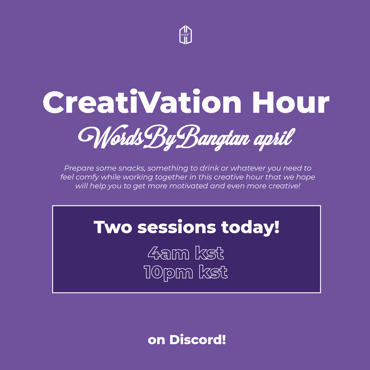 gvfxarmy's tweet photo. Hey army! Today we will be having two sessions of CreatiVation Hour for WordsByBangtan of this month. The first one starts in less than half an hour, join us on discord! -⚜ https://t.co/DnHim4SMKz