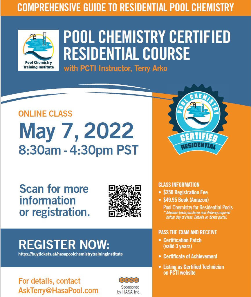 hasapoolinc's tweet image. Another PCTI Pool Chemistry Certified Residential class happens Sat, May 7th.  Registration and details for the Pool Chemistry Training Institute online class are at: buytickets.at/hasapoolchemis…. #pcticertified #poolpro #poolchemistry #h2otraining #watertreatment