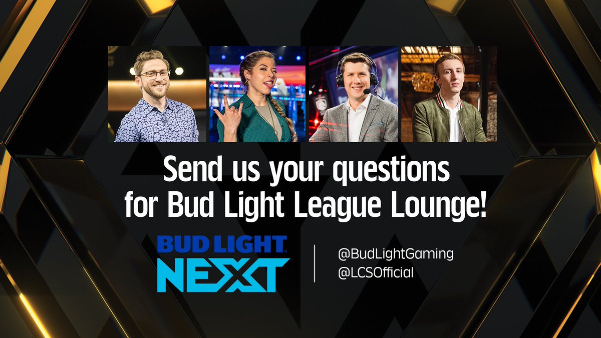 We want to hear from you! Reply to this tweet with your questions for @JamesDash, @LeTigress, @esportsjatt, and @Goldenglue on a special #LCS Spring Finals weekend edition of the @BudLightGaming League Lounge on Saturday! #BudLightLeagueLounge