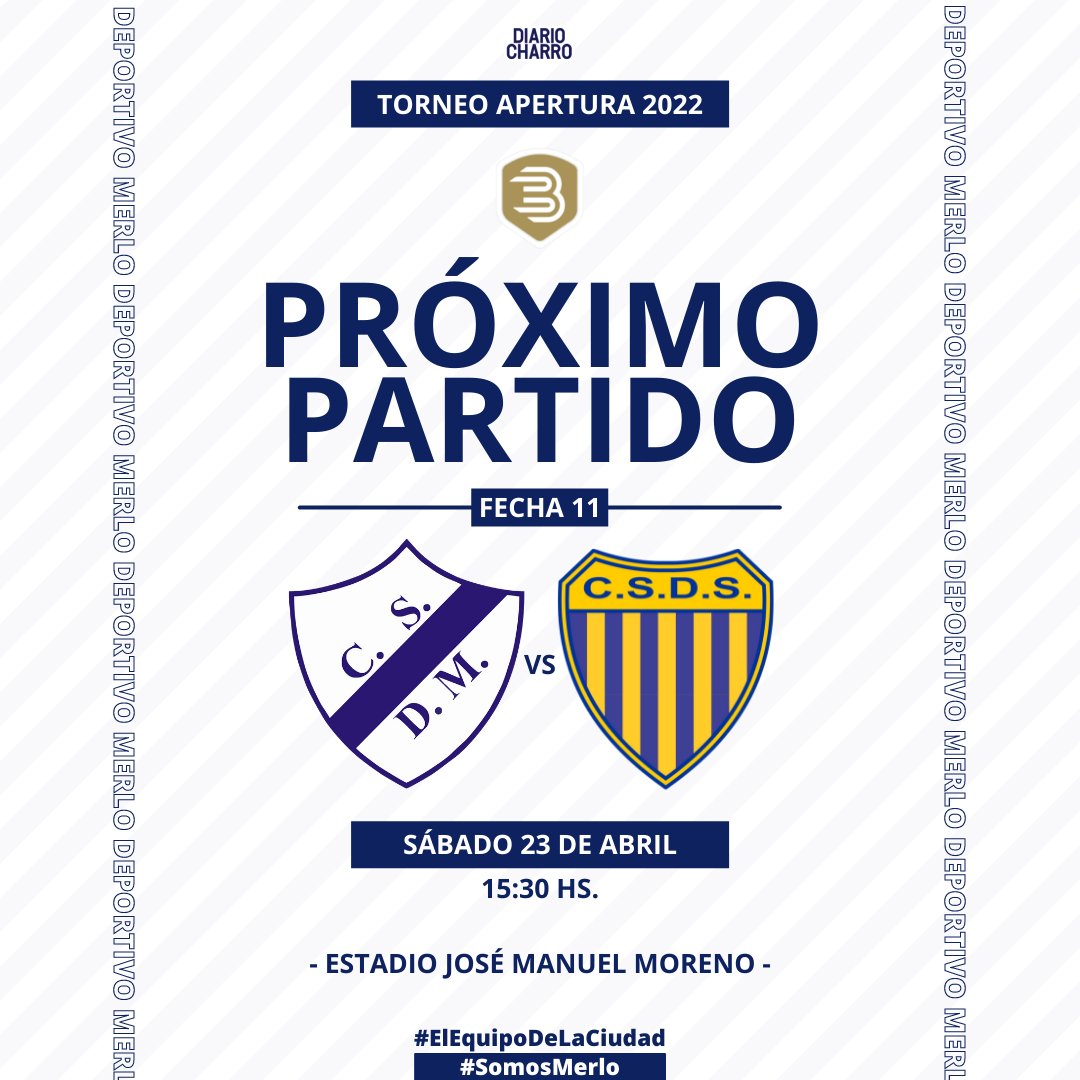 DiarioCharro's tweet photo. [#Fútbol] 🔜¡Próximo partido!👊🏼

⚽️ Torneo Apertura - Fecha 11
🆚️ Dock Sud
📅 Sábado 23 de abril
⏲ 15:30 hs.
🏟 Estadio José Manuel Moreno
👤 Lucas Di Bastiano
📺 TyC Sports Play
💻 @MerloViajaOk

#ElEquipoDeLaCiudad
#SomosMerlo⚪🔵⚪ https://t.co/TaEYc9eXnW