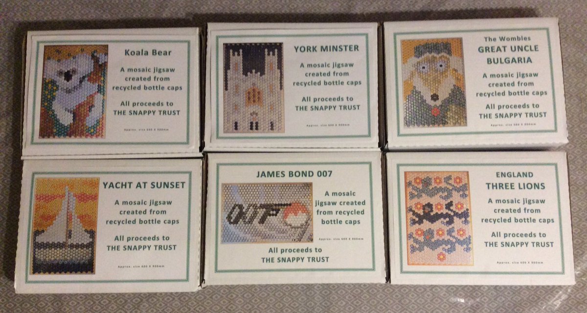 ThatFoilLady's tweet photo. Bottle cap mosaic jigsaws are £15 (+p&amp;p) with all proceeds to @SNAPPYYork.
Designs boxed and ready are; Blue Tit, 007, Koala, Honey Bee, Boat, Ladybird, Dolphin, Squirrel, Three Lions and Fox. Other designs can be made up as the right colour bottle caps come in. DM for details. https://t.co/Eym4P6Rqoz