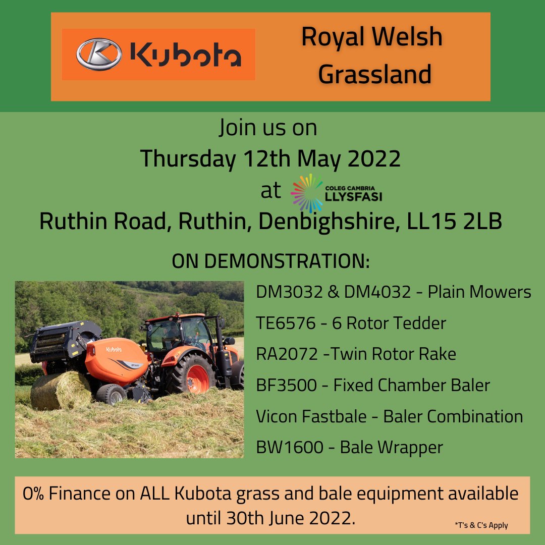 Less than 3 weeks to go until the Royal Welsh Grassland held at Llysfasi College on 12th May 🎉

Will we be seeing you there? 👀

<a href="/KvernelandGroup/">Kverneland Group</a>  <a href="/KubotaUK/">Kubota UK</a> 
#grassland #grass #grasslandevent #RoyalWelsh