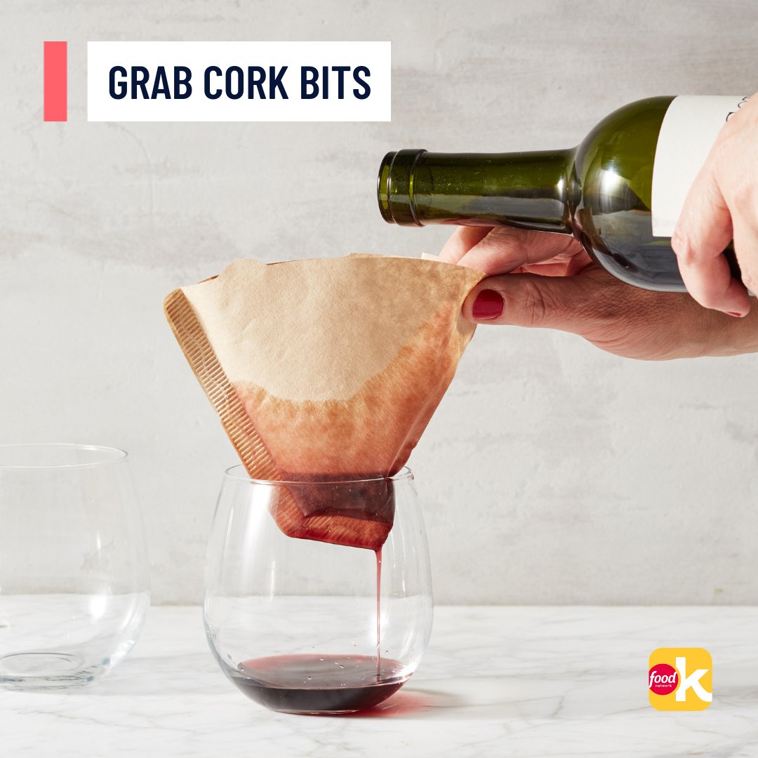 fnkitchen's tweet image. DON'T panic next time you break a cork! All you need is a coffee filter and a rubber band 👌 Place the filter over your wine glass and secure with the rubber band. Pour the wine through the filter to catch all the tiny pieces of cork 🍷