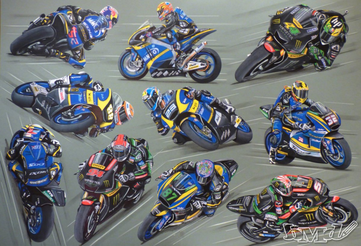 Drawn in 2017, Tech3 riders - Part 4 : <a href="/DannyKent52/">Danny Kent</a>, <a href="/rossi0269/">louis rossi</a>, <a href="/polespargaro/">Pol Espargaró</a>, <a href="/MarcelSchrotter/">Marcel Schrötter</a>, <a href="/ISAAC_VINYALES/">Isaac Viñales</a>, <a href="/rickycardus88/">Ricky Cardús</a>, <a href="/94jonasfolger/">#94 Jonas FOLGER</a>, <a href="/GardnerRemy/">Remy Gardner #87</a>, <a href="/JohannZarco1/">Johann Zarco</a>