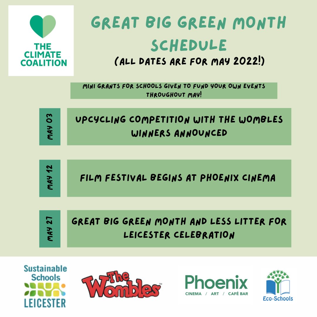 Our #GreatBigGreenMonth2022 begins very soon! 📅 Are you as excited as we are for this month-long festival of events? Stay tuned for more updates, and find out more information on our upcoming events page >> buff.ly/3rLd8Ne

<a href="/TheCCoalition/">The Climate Coalition</a>