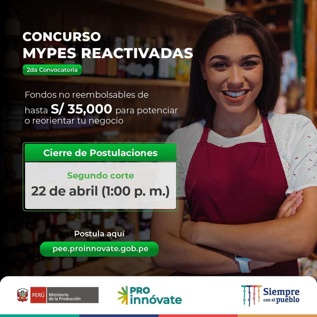 📣 Segundo corte de presentación de proyectos
Tienes hasta HOY, a la 1:00 p. m., para aplicar al concurso Mypes Reactivadas, 
Recuerda que no es un préstamo ni crédito, se trata de un fondo no reembolsable para potenciar o reorientar tu negocio.
👉pee.proinnovate.gob.pe