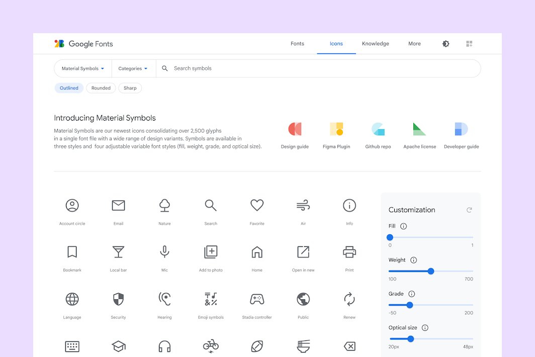 materialdesign's tweet image. NEW. IN. MATERIAL.
Check out the 🆕 Material Symbols variable icon font, with four expressive axes and three distinct styles!
More on Material Symbols and how to use them 👉 goo.gle/3xI0yCd