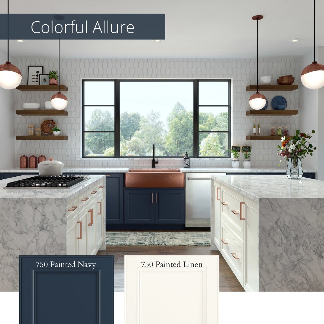 Pair Painted Linen and Painted Navy to create a Colorful Allure space! Include waterfall countertops and floating shelves to complete the look. Take the Waypoint style quiz: spr.ly/6018K7txr #waypointlivingspaces #kitchen #interiordesign #design #home #whitecabinets