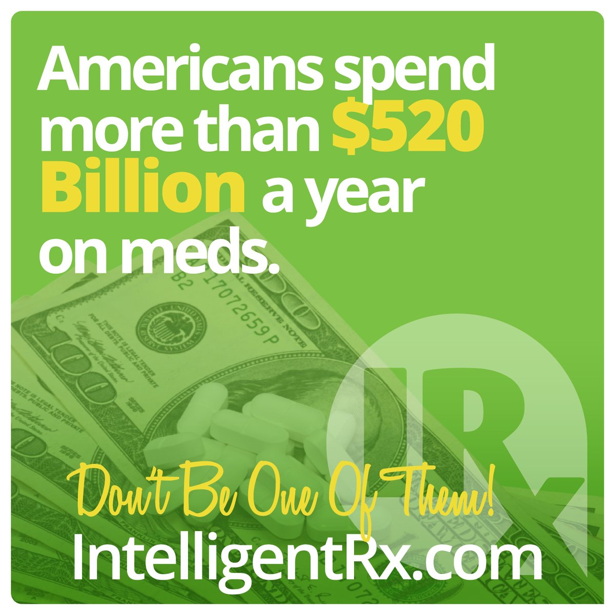 Did you know that Americans spend more than $520 Billion a year on prescription meds? IntelligentRx will help everyone save on their meds.

#prescriptions #pharmacy #healthcare #medication #affordabledrugs #affordablemeds #genericdrugs #insurance #health #deals #money #wellness
