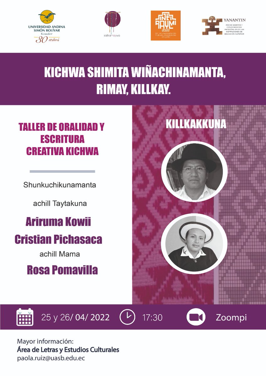 RYanantin's tweet photo. Invitamos a que participen de los talleres de oralidd y escritura creativa kichwa #UniversidadEstataldeBolívar #UniversidadPolitécnica #Universidadcentraldelecuador #Universidad #UNAE #Universidadl #IAEN #uasb #Universidad #utpl #flacsoecuador #universidadamawtaywasi #ucuenca https://t.co/GfkZv3ypur