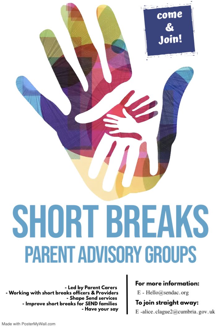Parent Carers we need you! Do you want to be part of the short breaks Parent Advisory Groups?

A chance to be part of the group that will shape the short breaks services with their officers and providers!

Email: hello@sendac.org for me information!  

#shortbreaks #cumbria #SEND