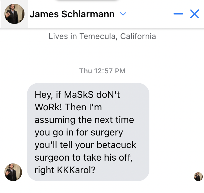 karol's tweet image. James Schlarmann really thought he had me here. Also people who see a tweet they don't like and then message you on another platform have serious problems.