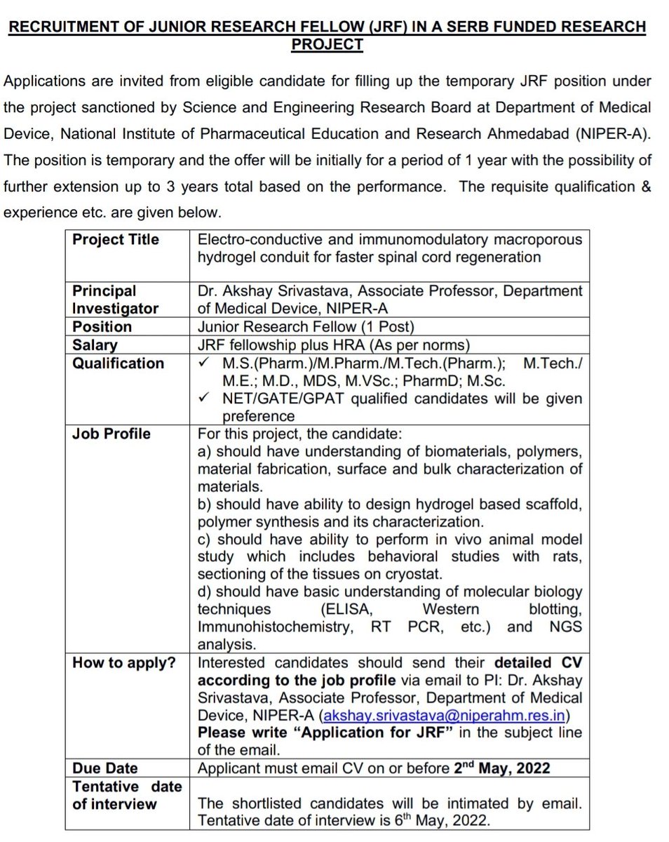 axay80's tweet photo. My lab is seeking Junior Research Fellow (JRF) Position in the area of Spinal Cord Tissue Engineering.
Happy and enthusiastic students are encourage to apply! 
Customized mentorship is guaranteed :)
Hurry ! Last Date of Application: 2nd May 2022
Details attached ! Please RT https://t.co/eDLVNeQMtI